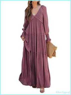 Flowy Maxi Dress Long Sleeve V Neck Ruffle Boho Casual 100% Polyester